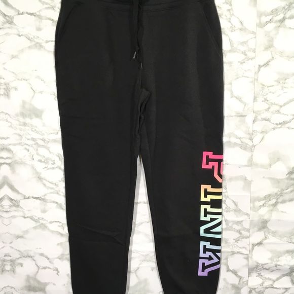 NWT VS PINK EVERYDAY LOUNGE SKINNY JOGGER SWEATPANTS BLACK/RAINBOW LOGO PRINT - Picture 7 of 14